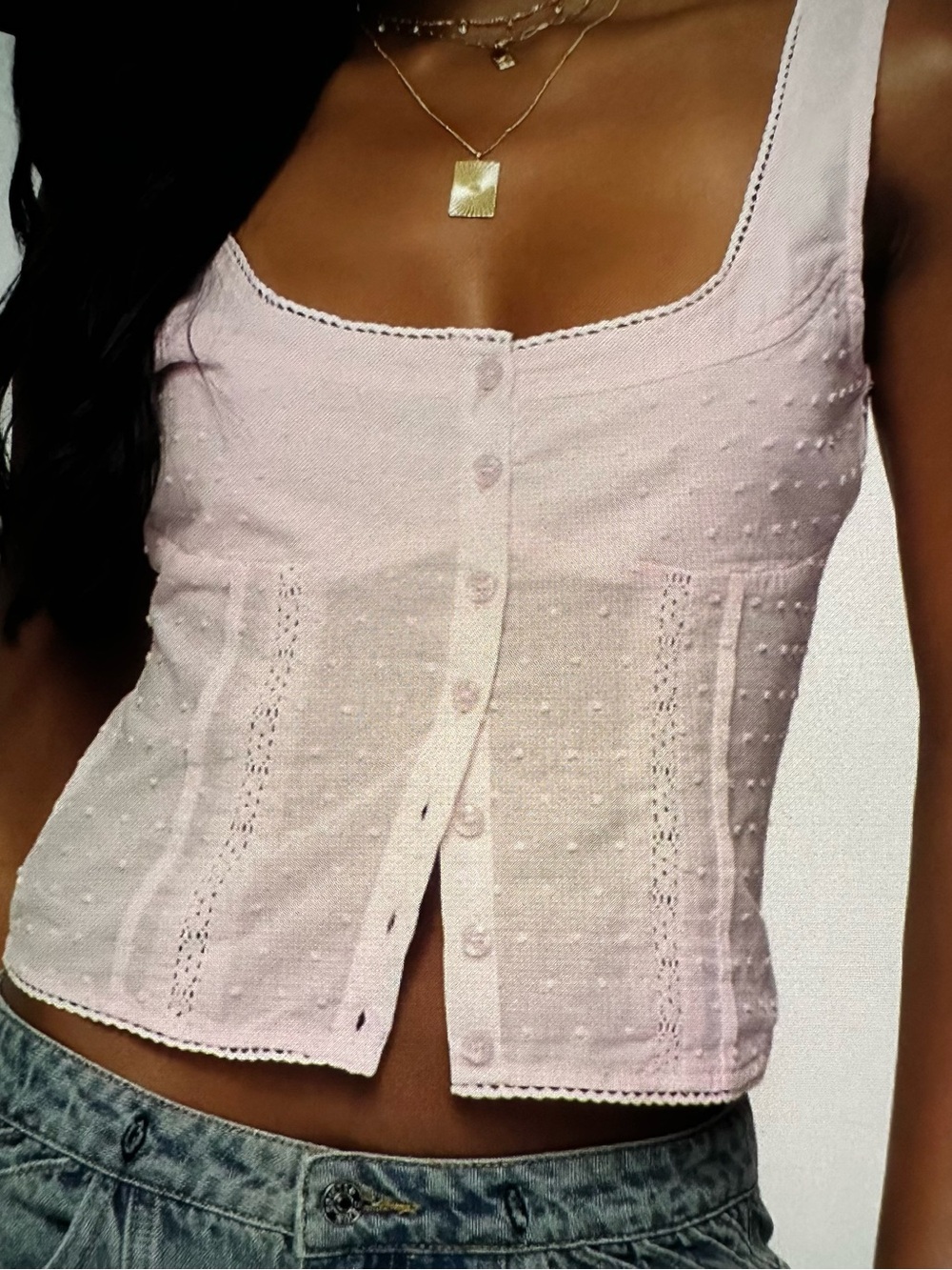Edikted Women’s Pink Embroidered Cotton Button-Front Tank Medium
